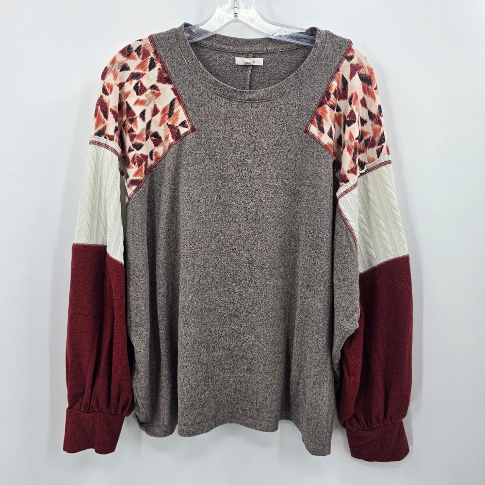 Maurices Sweater Womens XL Colorblock Knit Top Gray Burgundy Geometric